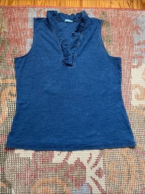 J. McLaughlin Kate Sleeveless Tank Top 100% Cotton Navy Ruffle Collar XL EUC